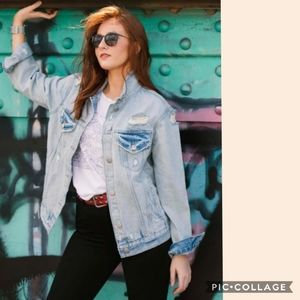 Olgyn Distressed Boyfriend Jean Denim Jacket sz S